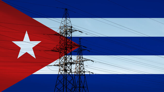 Cuban flag with electric tower and lines. Energy supply in Cuba. High electricity and energy market prices. Crisis situation. Power cut, outage, failure, blackout theme.