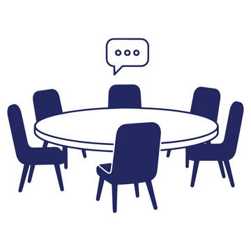 Round table discussion with chairs and speech bubble illustration for conference or meeting communication and collaboration graphic vector design