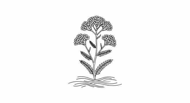Delicate line drawing of a flowering plant with feathery leaves and root system