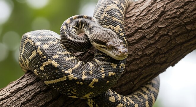 Large snake coiled on a tree branch, focused.