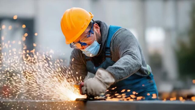 Industrious worker grinding metal with precision, sparks flying in dynamic workshop action