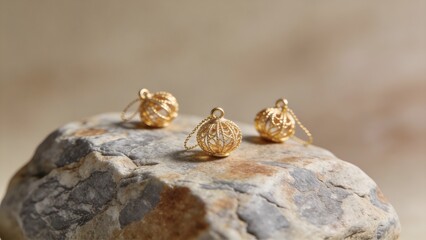 Delicate Gold Jewelry on Textured Stone Surface, Warm Minimalist Still Life with Elegant Detail