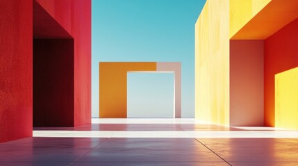 Colorful architectural design. Empty open spaces. Vivid geometric shapes