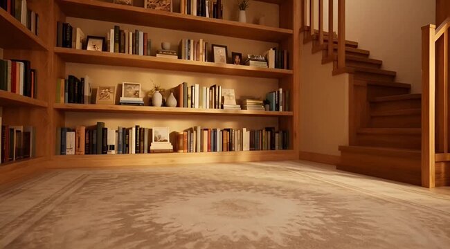 Elegant library interior with floor-to-ceiling bookshelves filled books, a persian rug, and a wooden staircase, home library, library room, interior design