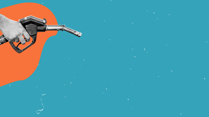 Flat design collage. Fuel pump nozzle dispensing gasoline, isolated on a copy space background.