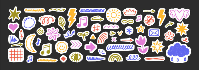 Fototapeta premium Hand-drawn crayon frames and hearts in playful pastel colors, perfect for kids' creative projects, scrapbooks, and cheerful childish designs. Vector illustration.