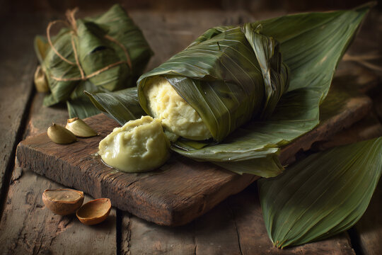 A fresh barongko dessert from South Sulawesi, a steamed banana pudding wrapped in green banana leaves.