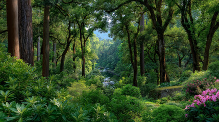 Obraz premium Lush green forest ecosystem thriving with vibrant wildlife, towering trees, and colorful flora. Sunlight streams through leaves, illuminating a diverse habitat bustling with birds and insects in a