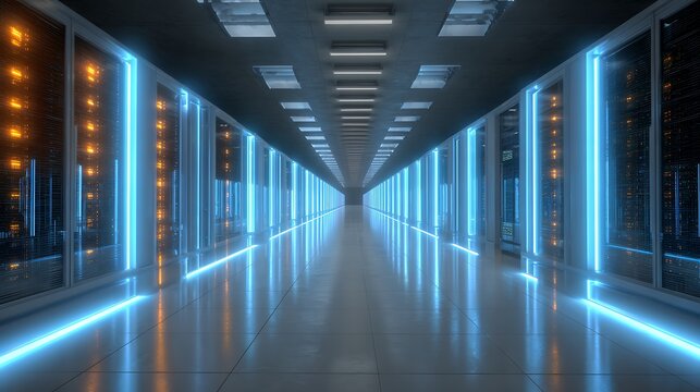 Futuristic Data Center Corridor with Glowing Blue LED Server Racks and Modern Infrastructure for Cloud Computing and Advanced Information Technology Systems
