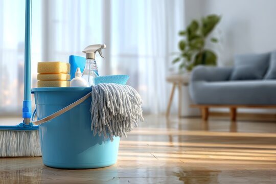 Cleaning supplies in blue bucket with mop and sponges in living room