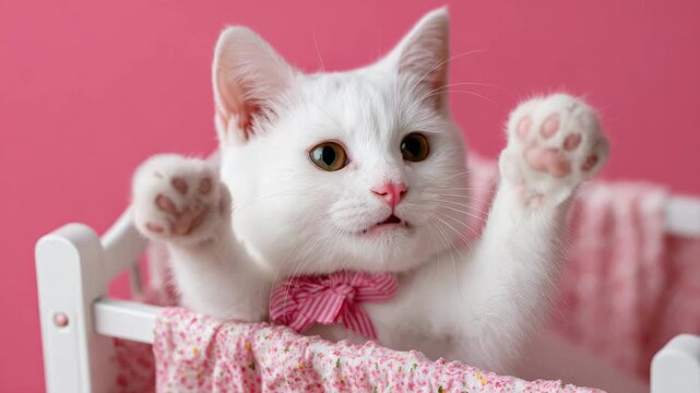 Playful white kitten with bowtie shows adorable expressions in pink setting