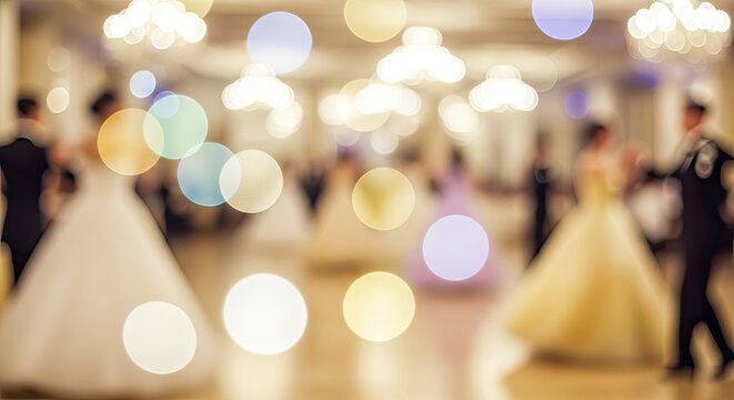 Blurred background of elegant ballroom dance with couples in formal attire and sparkling bokeh lights.