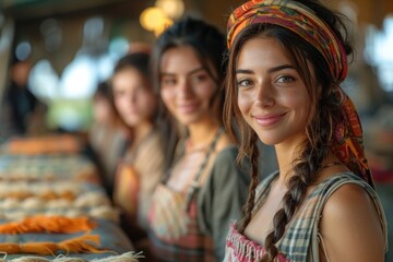 Fototapeta premium Smiling young woman with headscarf standing with group at market stall selling handmade goods Generative AI