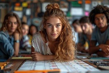 Fototapeta premium Young woman leaning over desk reviewing plans with team in creative workspace environment Generative AI