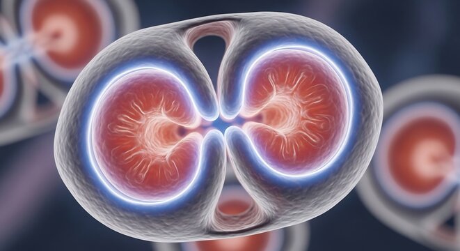 Microscopic view of a cell undergoing division illustrating the process of mitosis.