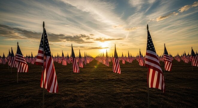 Memorial day tribute a field of flags honoring fallen heroes at sunset