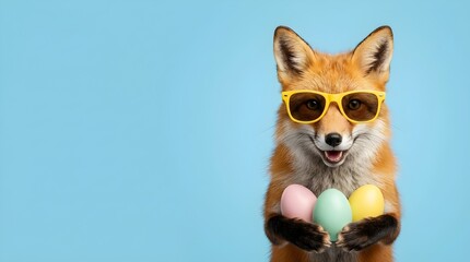 Fototapeta premium Cute Easter fox wearing yellow sunglasses and holding colorful pastel eggs, adorable woodland animal spring holiday portrait isolated on blue background with playful festive mood