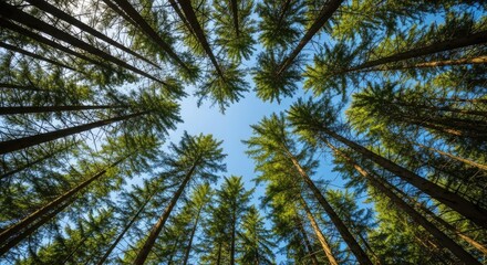 Obraz premium Looking up through tall evergreen trees with blue sky background