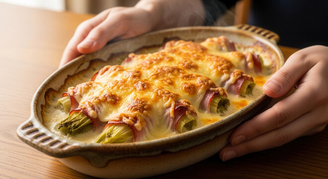 Hands holding ceramic dish with chicon au gratin on wooden table, family dining and spring meal in cozy home setting