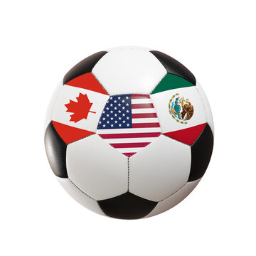 Flags of Canada, USA and Mexico on a soccer ball isolated on white or transparent background, football world cup 2026 host countries, png cut out