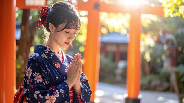 Peaceful Prayer Scene of Kimono Woman at Shrine Japan
