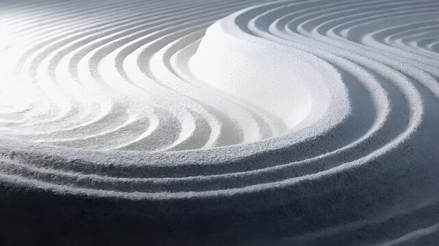 Zen Buddhism, meditation, inner peace, Chinese Japanese Asian tradition. Therapy stress release treatment, health lifestyle. A closeup of a white sand garden with a series of raked sand patterns.