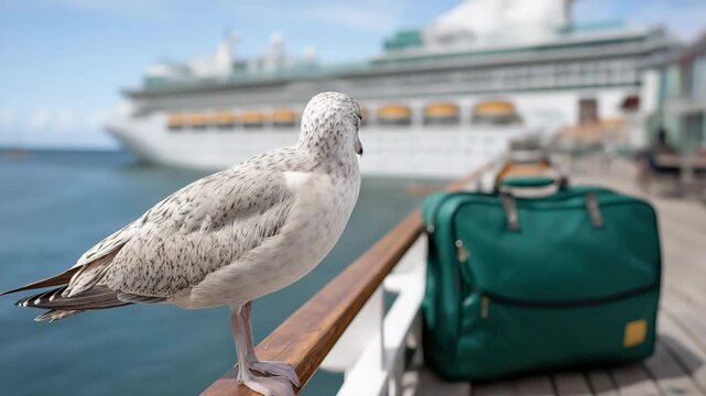 Seagull perched on ship railing with luggage and cruise ship in background