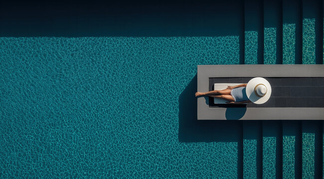 High aerial viewpoint of a person sunbathing on minimalist platform surrounded by shimmering rippling turquoise resort swimming pool water.