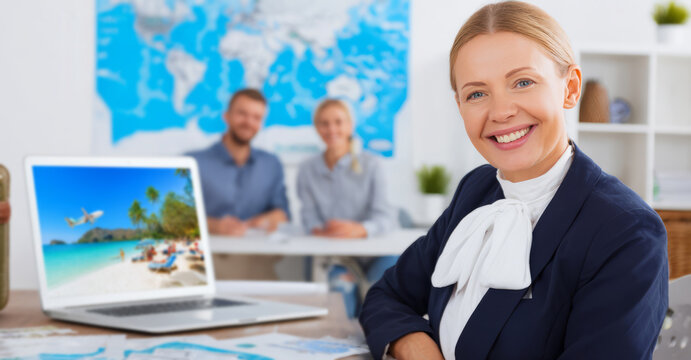 woman in her thirties, dressed as travel agent showing to couple laptop screen with beautiful beach on it and world map behind them, sitting at desk facing camera