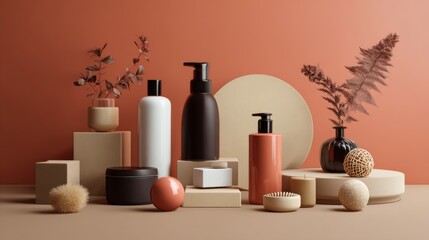 Minimal cosmetic containers with plants creating eco skincare branding and modern natural product display composition scene