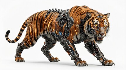 Fototapeta premium Ultrarealistic Robotic Tiger Hybrid Isolated on White