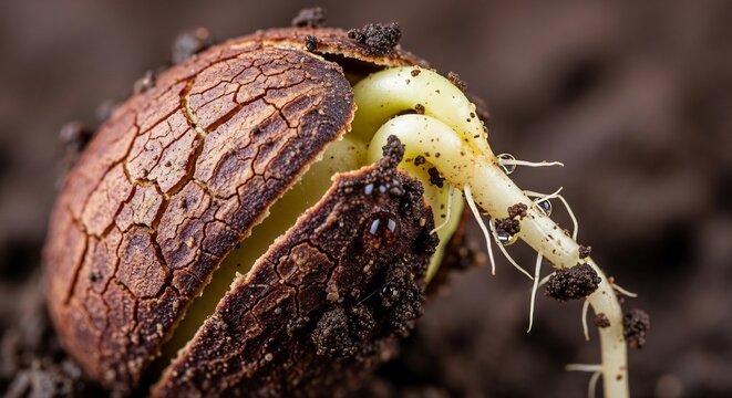 Macro shot of a seed germinating with a root emerging from the shell.