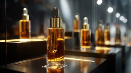 Luxury cosmetic serum bottles displayed in modern retail environment with reflections creating premium skincare branding composition scene