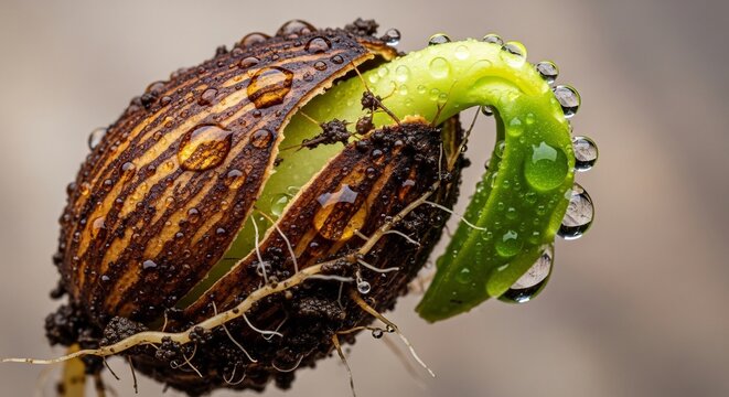 Macro shot of a germinating seed with water droplets clinging to its surface.