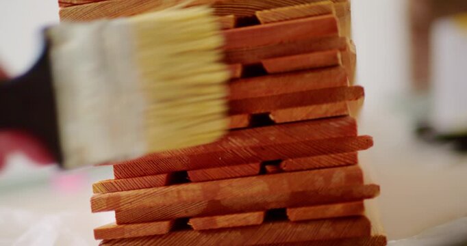 Strobe Effect Parquet Worker Applying Hardwax Oil Stair Wood Ends Larch Flooring Protection Durable Finish Surface Treatment Craftsmanship Maintenance Process Interior Work