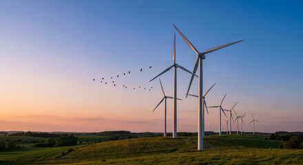 Obraz premium Migrating bird flock passing turbines landscape