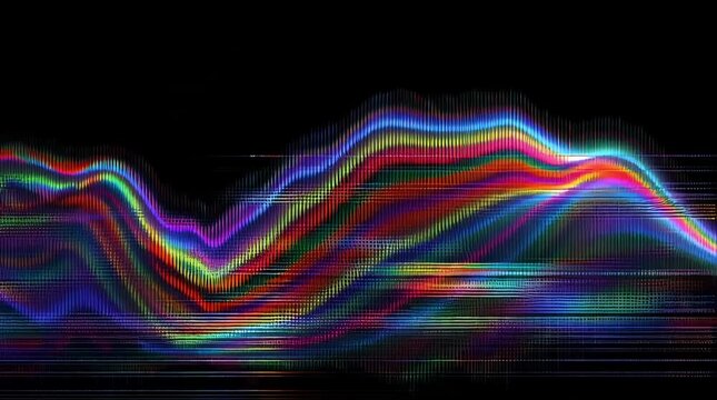 Digital glitch distortion waves moving across a dark background with a futuristic tech vibe, created with Generative AI.