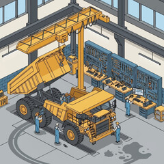 Giant yellow mining dump truck undergoing maintenance in industrial workshop. © Wahyuuu