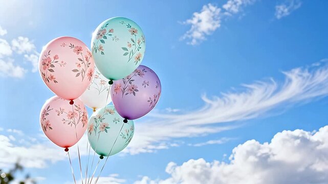 Colorful balloons with floral patterns against blue sky