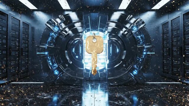 Digital financeweb3 security with golden key unlocking futuristic data vault, glowing portal, advanced technology, and secure vault room
