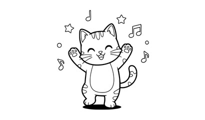 Cute Cartoon Dancing Cat Coloring Page Kawaii Kids Line Art Vector © Wahida