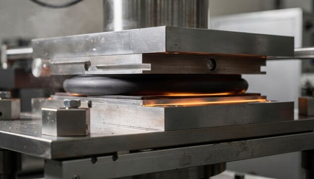 Medium shot of compression molding rubber gaskets with heated press sealing preforms inside metal molds highlighting industrial precision and material shaping.