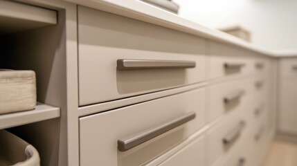 Fototapeta premium Modern Close-Up of Elegant Drawer Handles on Stylish Light-Colored Kitchen Cabinetry in Contemporary Interior Design
