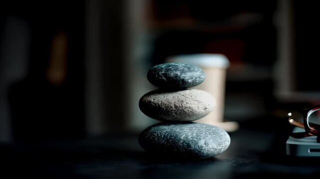 Zen Buddhism, meditation, inner peace, Chinese Japanese Asian tradition. Therapy stress release treatment, health lifestyle. A closeup of a stack of pebbles balanced on top of each other on a table.