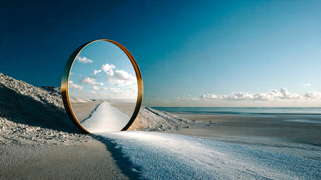 Paysage marin avec miroir rond refl&eacute;tant la route et le ciel nuageux