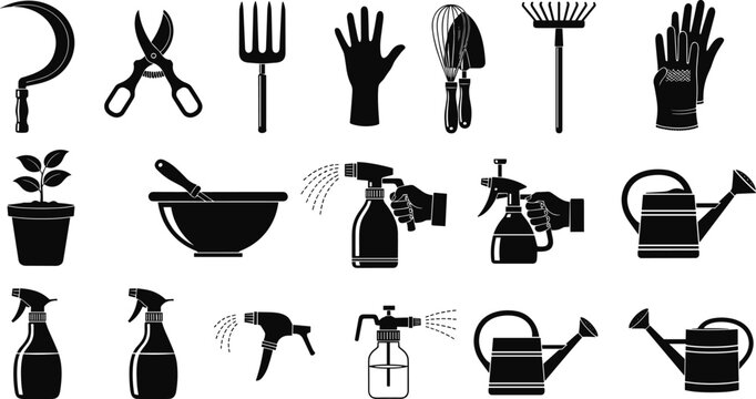 Black gardening tools vector silhouette set featuring watering cans spray bottles hand rake trowel and pruning shears for horticulture design.