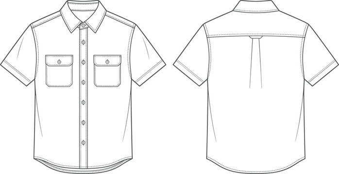 Short sleeve button up shirt technical flat sketch vector illustration design, apparel fashion garment construction art concept, detailed decorative creative collection