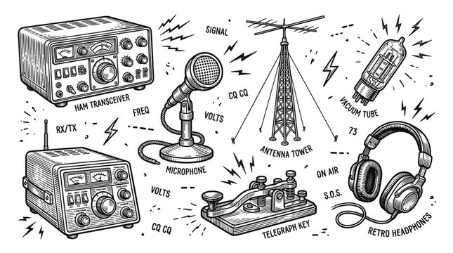 Vintage Ham Radio Equipment Set, Retro Communication Vector Illustrations of Transceiver, Microphone, Telegraph Key, and Antenna