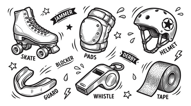 Vintage Hand-Drawn Roller Derby Equipment Vector Illustration Set with Roller Skates, Helmet, Knee Pads, Whistle, and Mouth Guard
