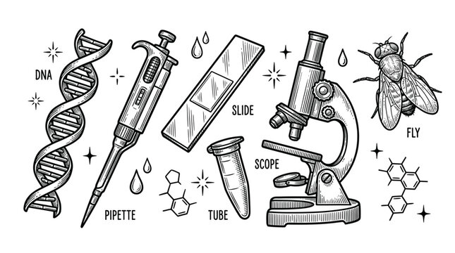 Scientific Laboratory Equipment Set with DNA Helix Microscope Pipette and Fruit Fly Vector Illustration